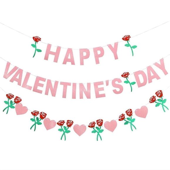 NWTValentines Day Banner Happy Valentine's Day Banner Red Glittery Heart Garland - Picture 1 of 4